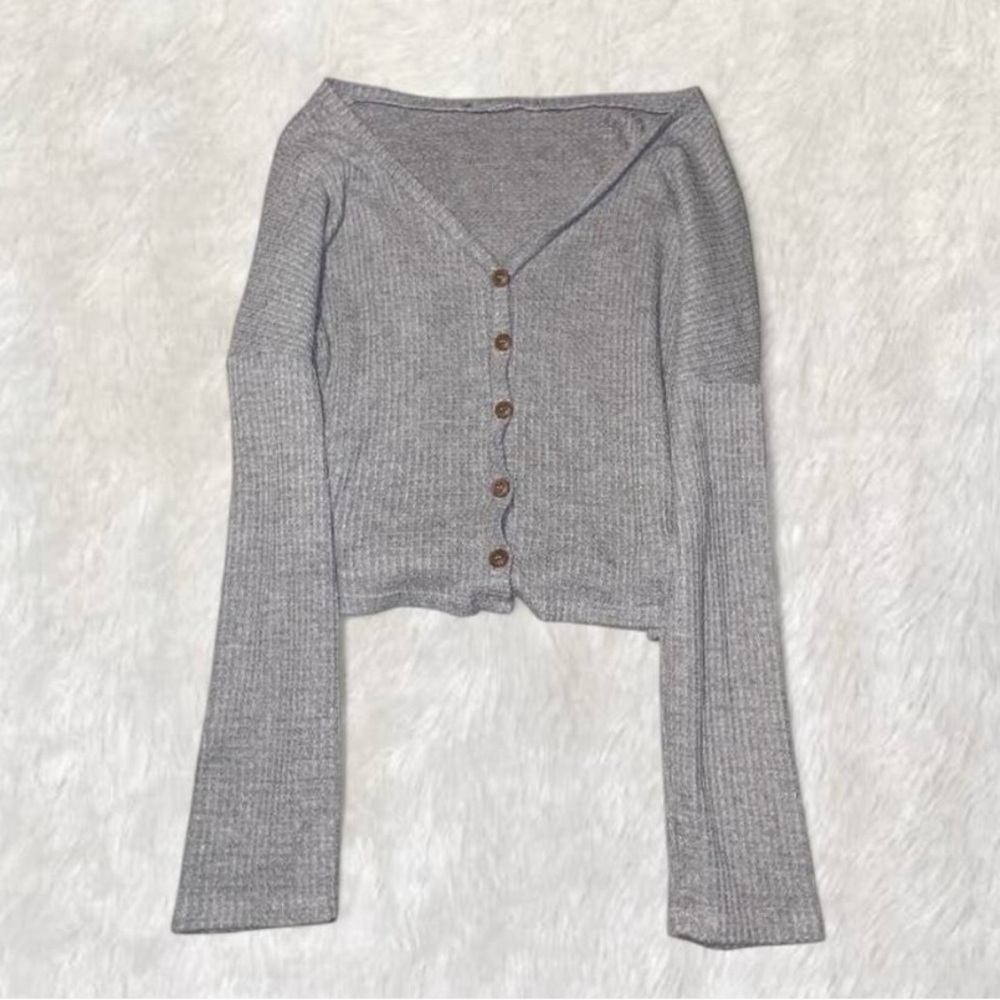 Gray Ribbed Button-Front Knit Cardigan
